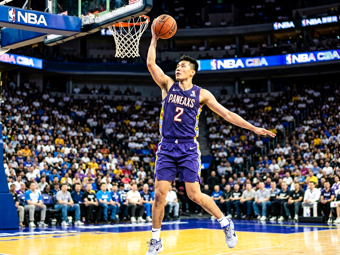 篮球赛事分析服务 - NBA比赛现场，球员突破上篮，展示篮球数据分析场景